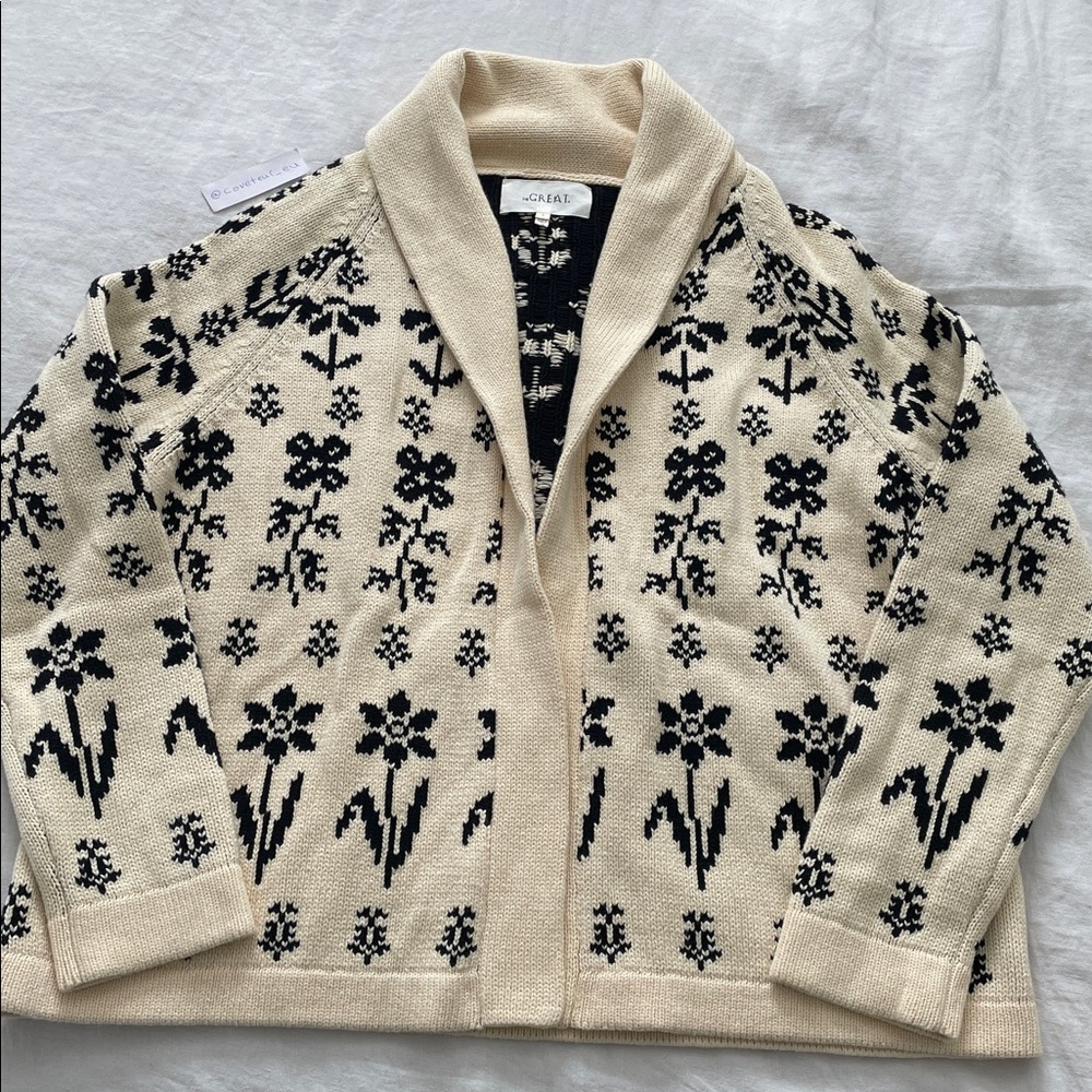 The Great. Garden Lodge Cardigan Sweater in Black and Cream Floral. Size 1. - Picture 3 of 9